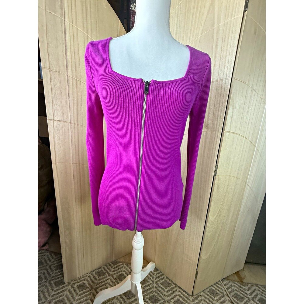Y2K Magenta Ribbed Square Neck Zip Up Top M Barbiecore Office Siren